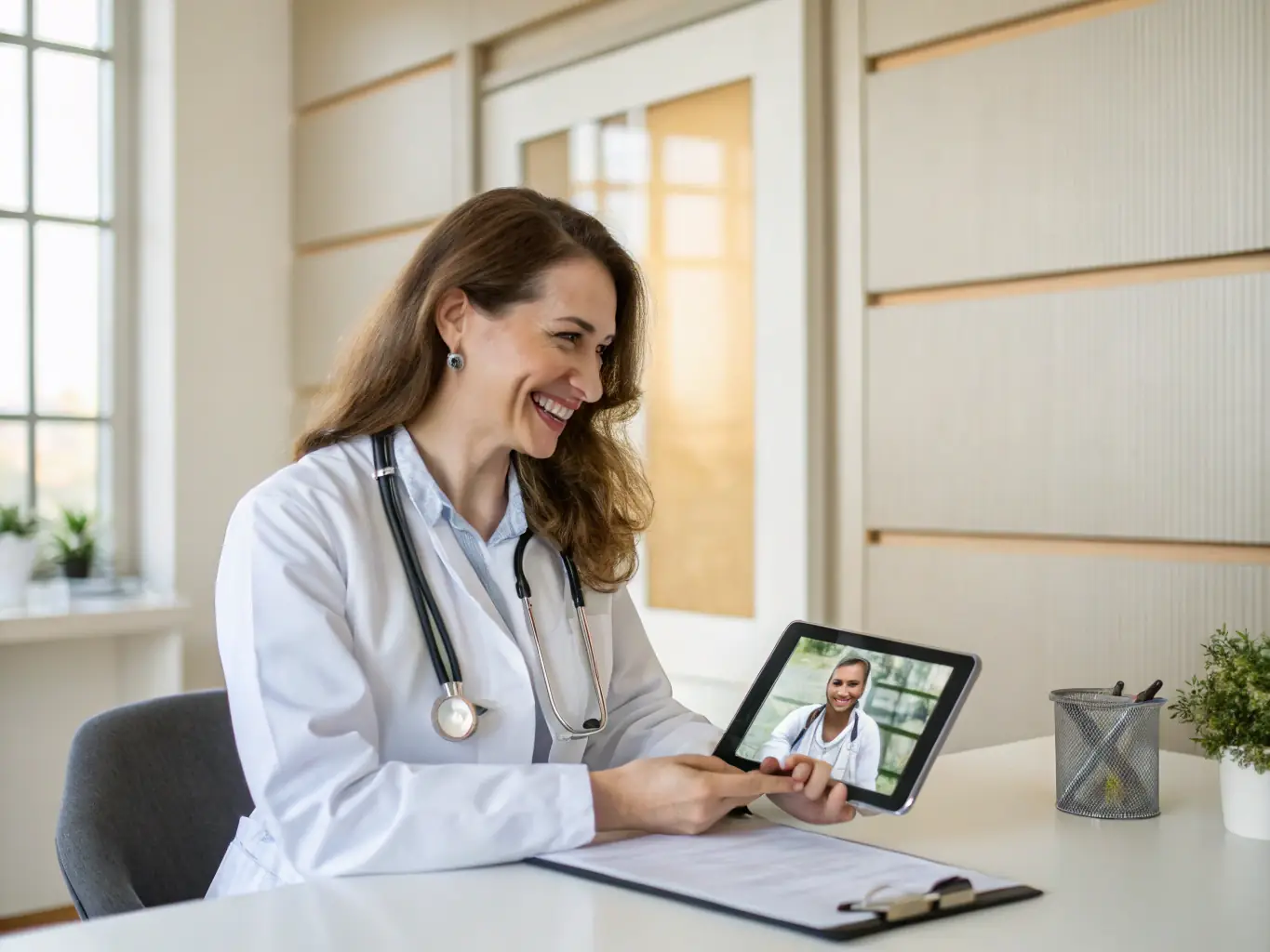 A doctor attending to a patient via a telehealth platform, illustrating the urgent care services offered by Rebel Healthcare. The setting is a comfortable home environment.