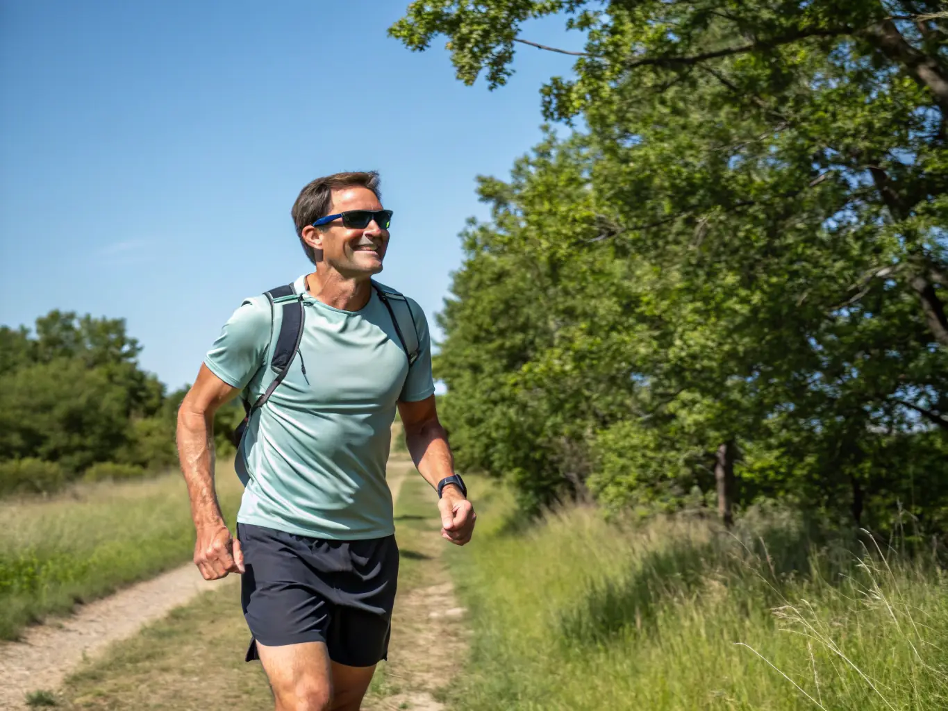 A man looking energetic and healthy, participating in an outdoor activity, symbolizing the benefits of testosterone therapy at Rebel Healthcare. The background is a scenic mountain trail.